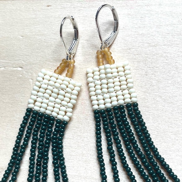 HANDMADE GLASS EARRINGS | Mini Beacon Handwoven Small Batch Earrings in Forest - Picture 2 of 6